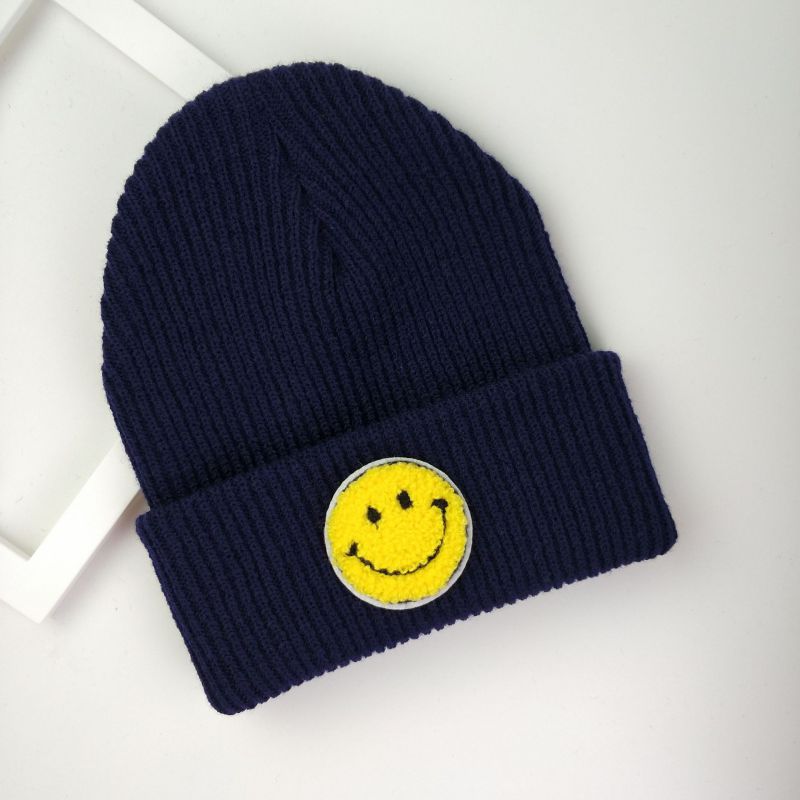 Fashion Navy Blue Smiley Face Patch Knitted Beanie