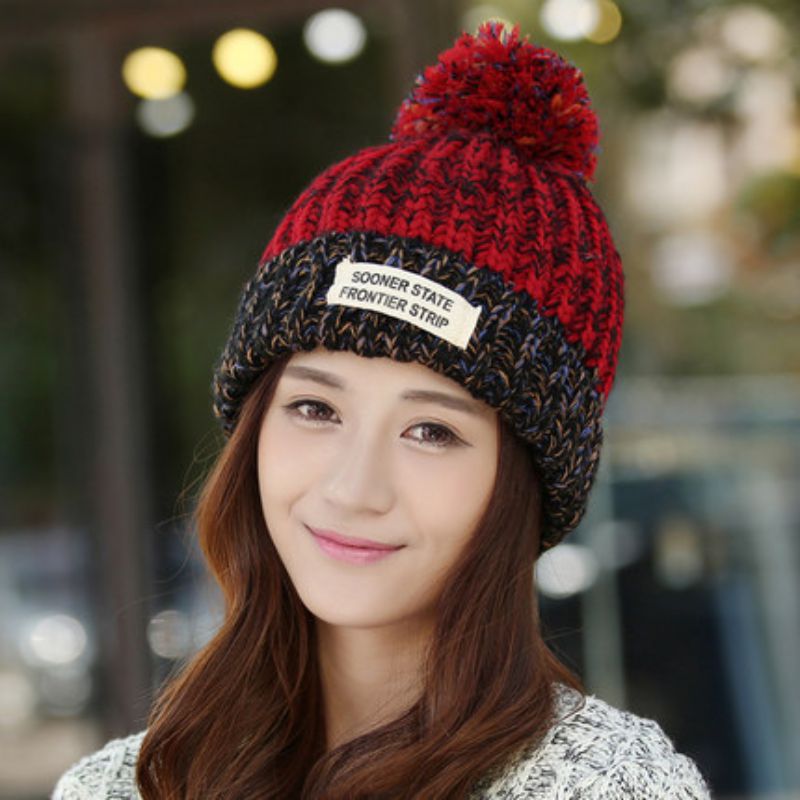 Fashion Red Colorblock Knitted Patch Beanie