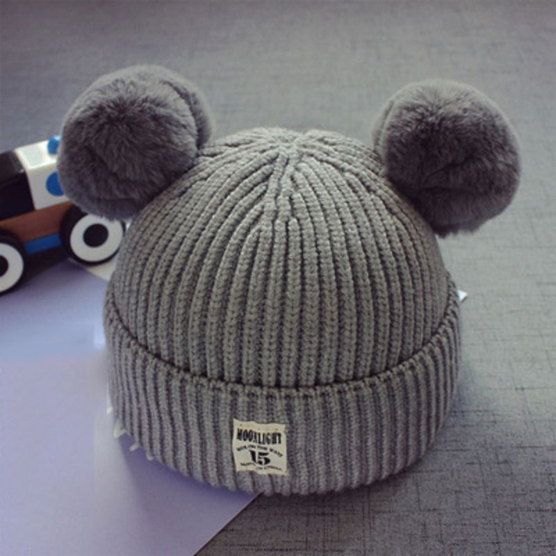 Fashion Grey Acrylic Knitted Patch Wool Ball Childrens Beanie