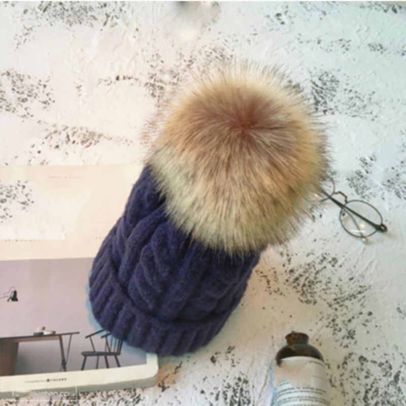 Fashion Navy Blue Hat With Fur Ball Acrylic Knitted Wool Ball Beanie