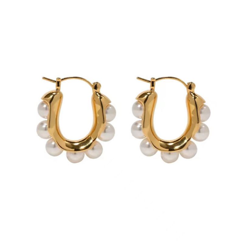 Fashion Gold Titanium Steel Inlaid Pearl Earrings