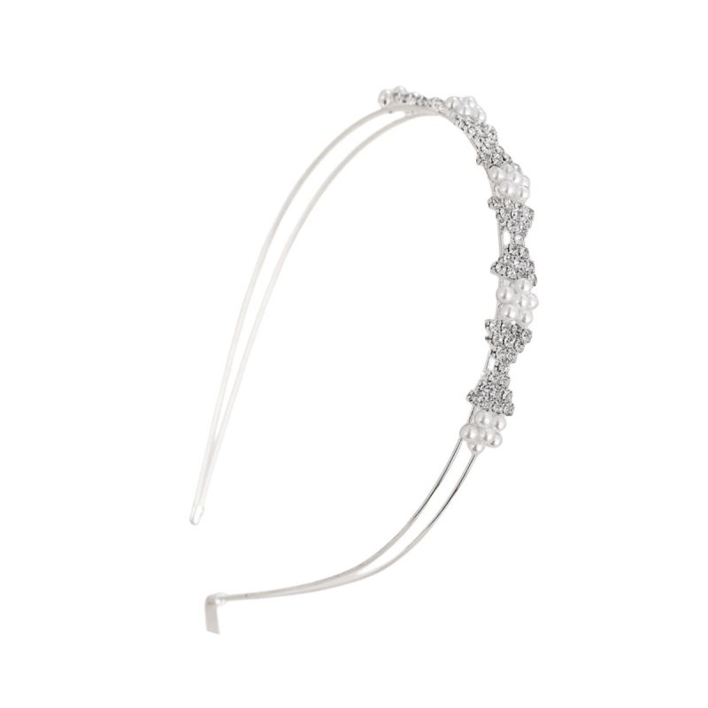 Fashion Bow Silver Geometric Rhinestone Bow Pearl Double Layer Thin Edge Headband