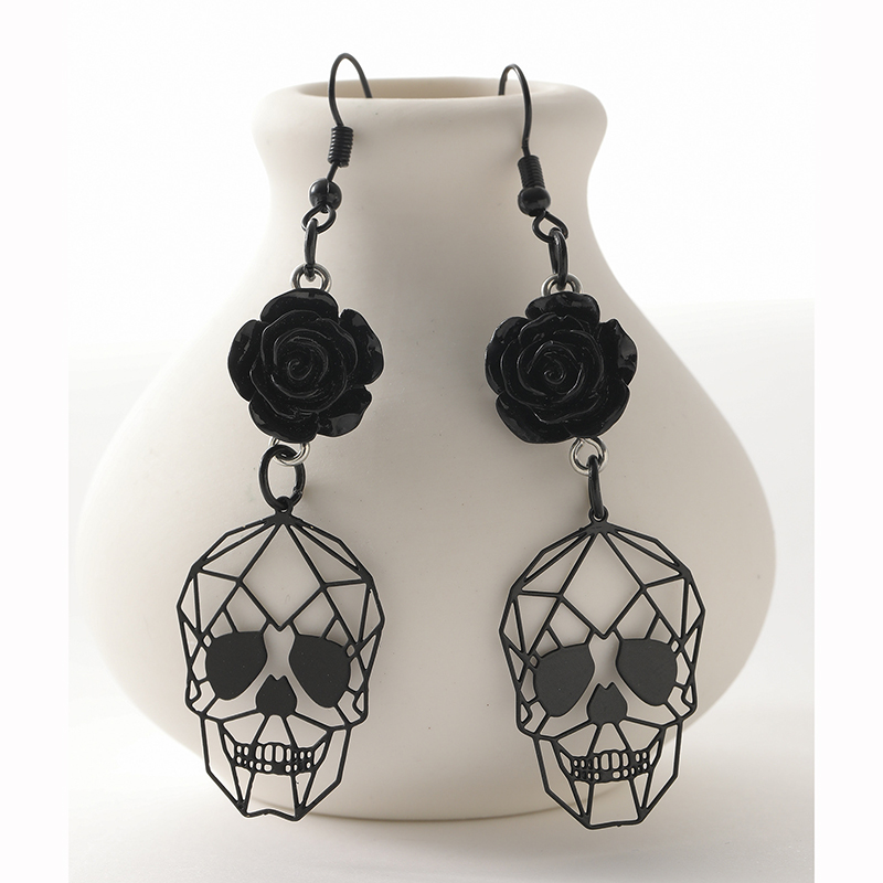 Fashion Black Alloy Skull Rose Earrings