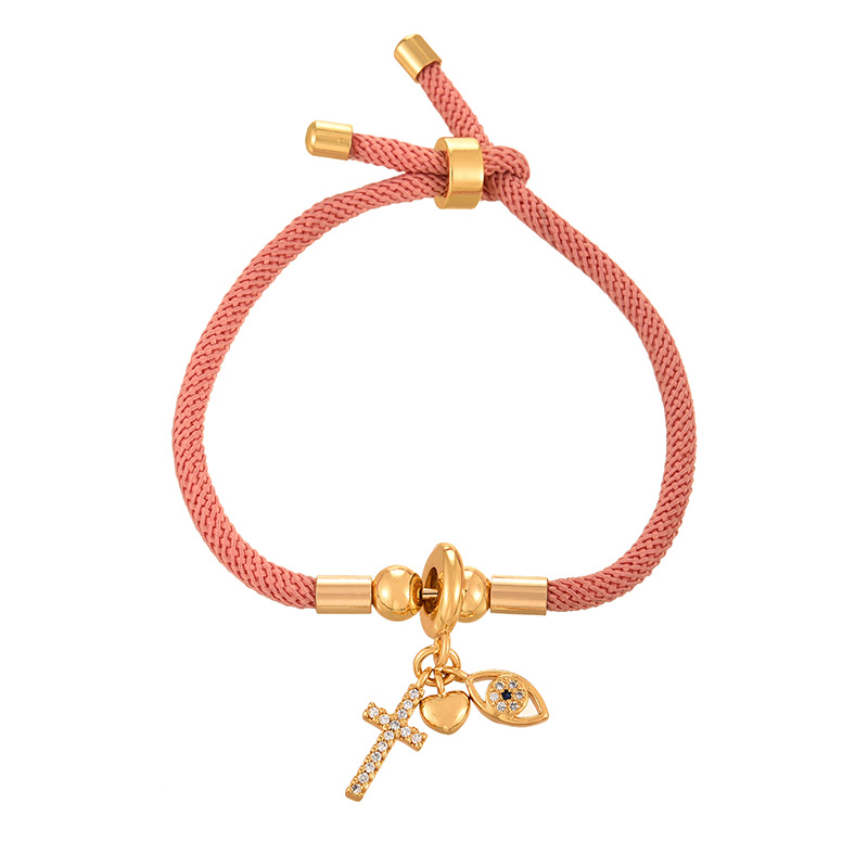 Fashion Pink Copper Inlaid Zirconium Cross Eye Pendant Braided Bracelet