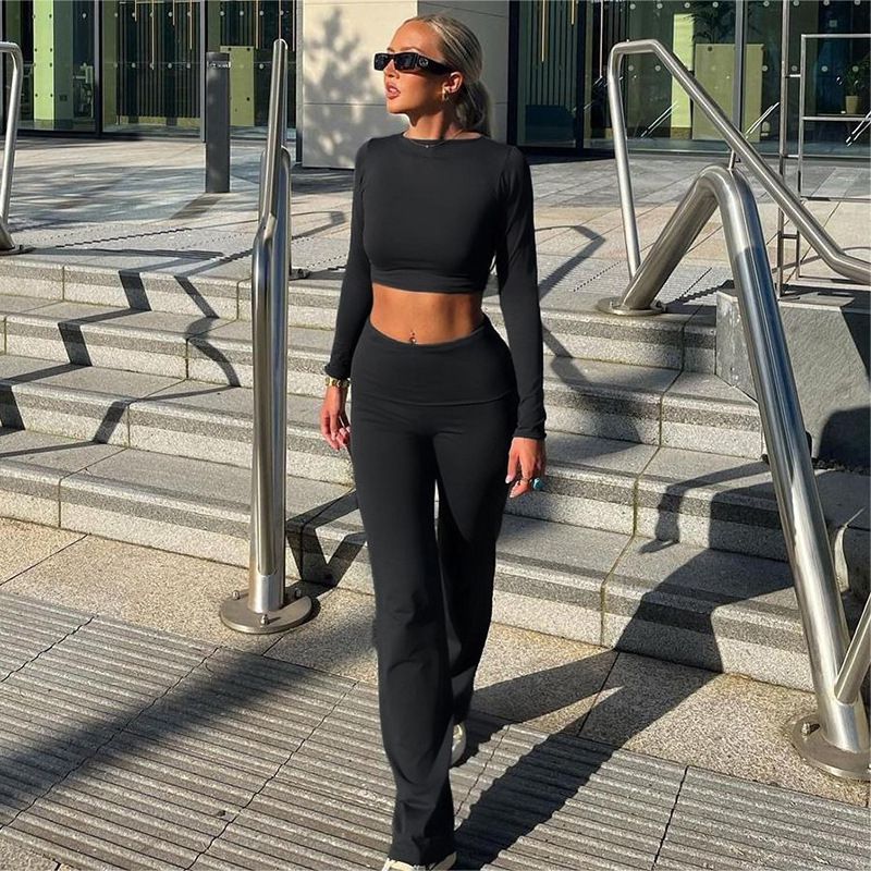 Fashion Black Polyester Long-sleeved Top And High-waisted Trousers Set