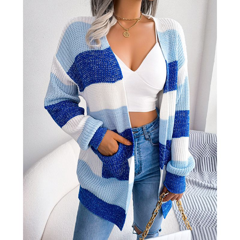 Fashion Blue Contrast Striped Lantern Sleeve Sweater Cardigan