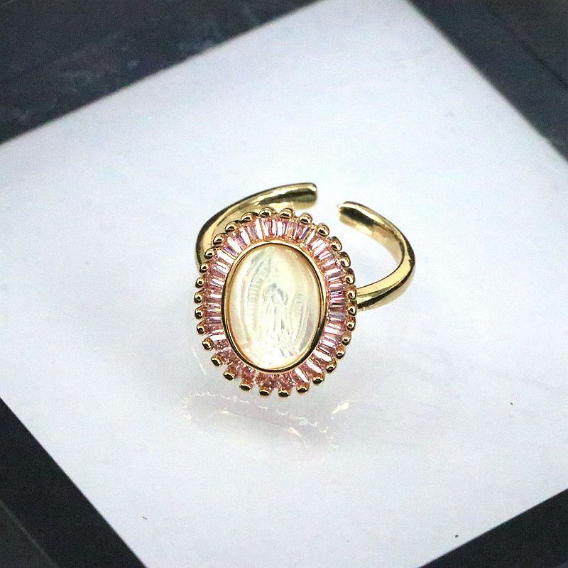 Fashion Pink Oval Shell Diamond Virgin Mary Open Ring