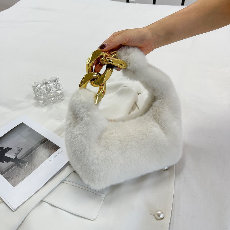 Fashion White Plush Spliced Chain Large Capacity Handbag