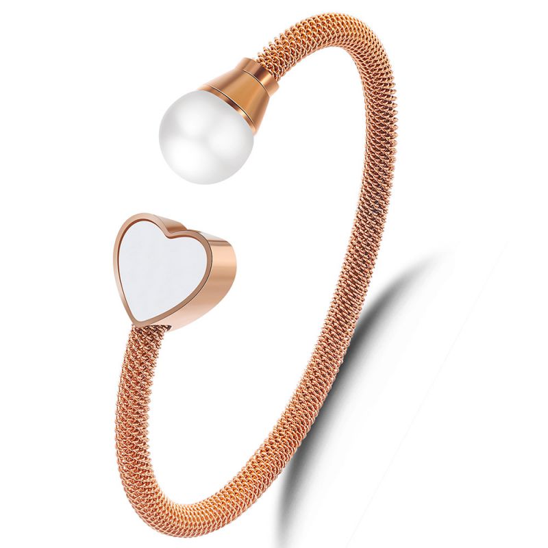 Fashion Rose Gold Stainless Steel Love Pearl Open Bracelet