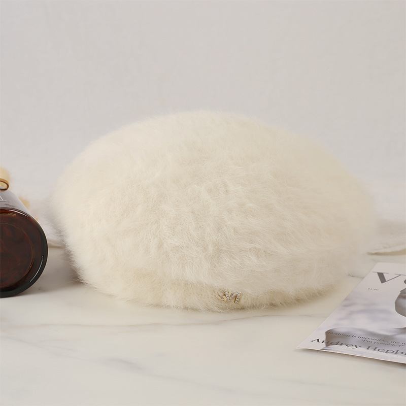 Fashion Milky White Rabbit Fur Beret With Metal Lettering