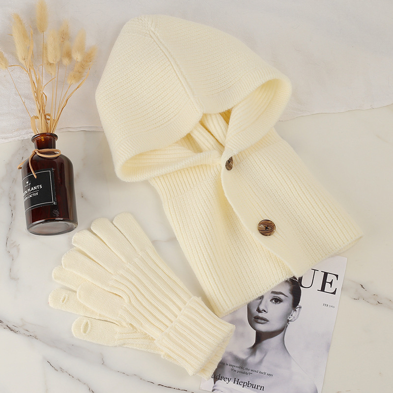 Fashion Milk White (hat+gloves) Acrylic Knitted Scarf Integrated Hood + Five-finger Gloves