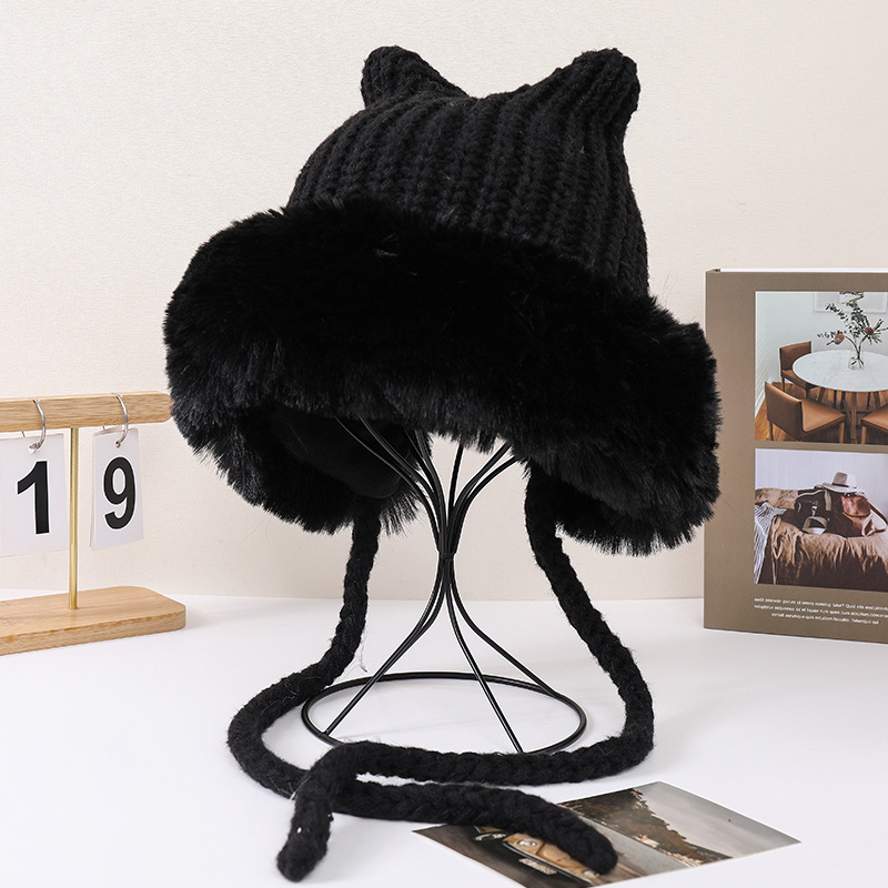 Fashion Black Acrylic Plush Patchwork Knitted Cat Ear Hood