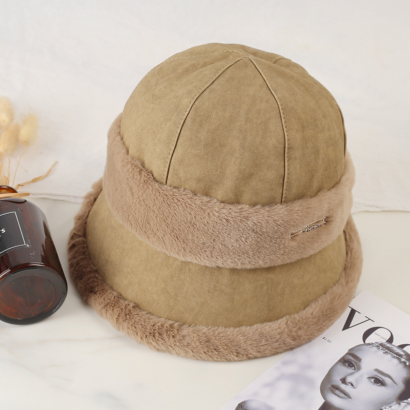 Fashion Khaki Plush Laminated Patchwork Pullover Hat