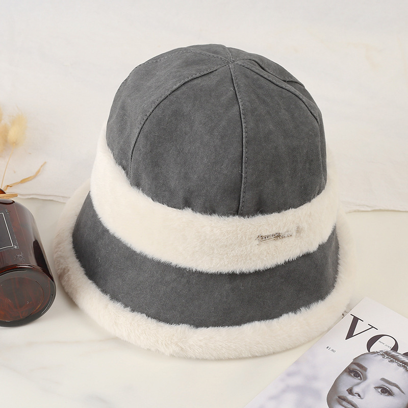 Fashion Gray Hat + White Velvet Plush Laminated Patchwork Pullover Hat