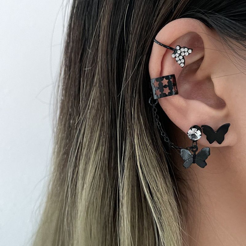 Fashion Black Metal Diamond Butterfly Geometric Earring Set