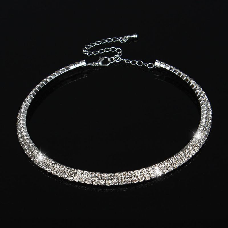 Fashion 2 Rows Silver Geometric Diamond Prong Chain Choker