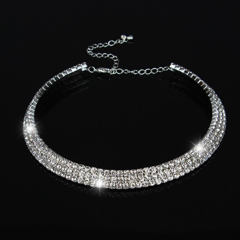 Fashion 3 Rows Silver Geometric Diamond Prong Chain Choker