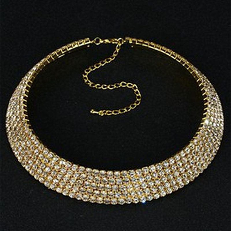 Fashion 5 Rows Of Gold Geometric Diamond Prong Chain Choker