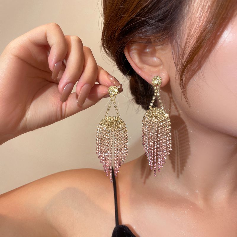 Fashion 4# Gradient Diamond Tassel Drop Earrings