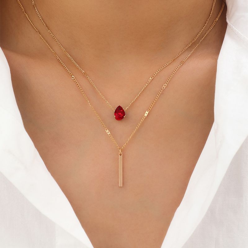 Fashion Red Alloy Diamond Drop Shape Double Layer Necklace