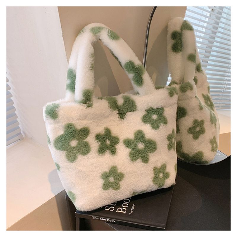 Fashion Green Plush Printed Large Capacity Tote Bag