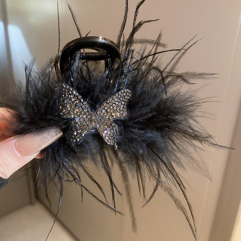 Fashion 8# Gripper-black Fabric Diamond Butterfly Feather Clip
