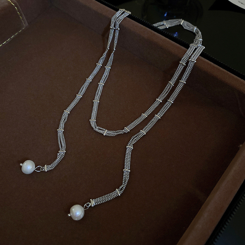 Fashion Necklace - Silver Double Pearl Necklace