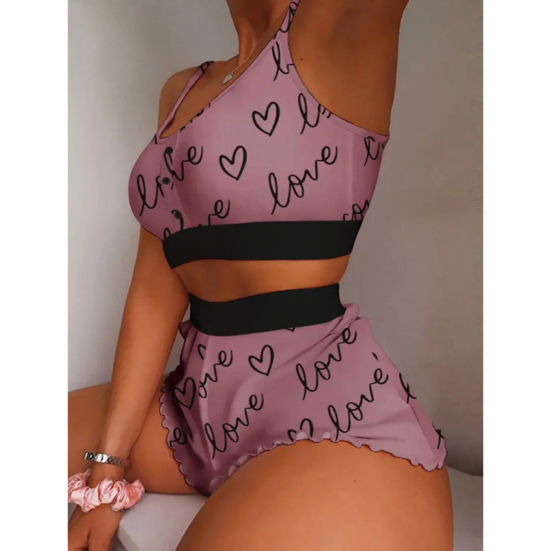 Fashion Dark Pink Love Polyester Printed Geometric Lace Suspender Pajama Set