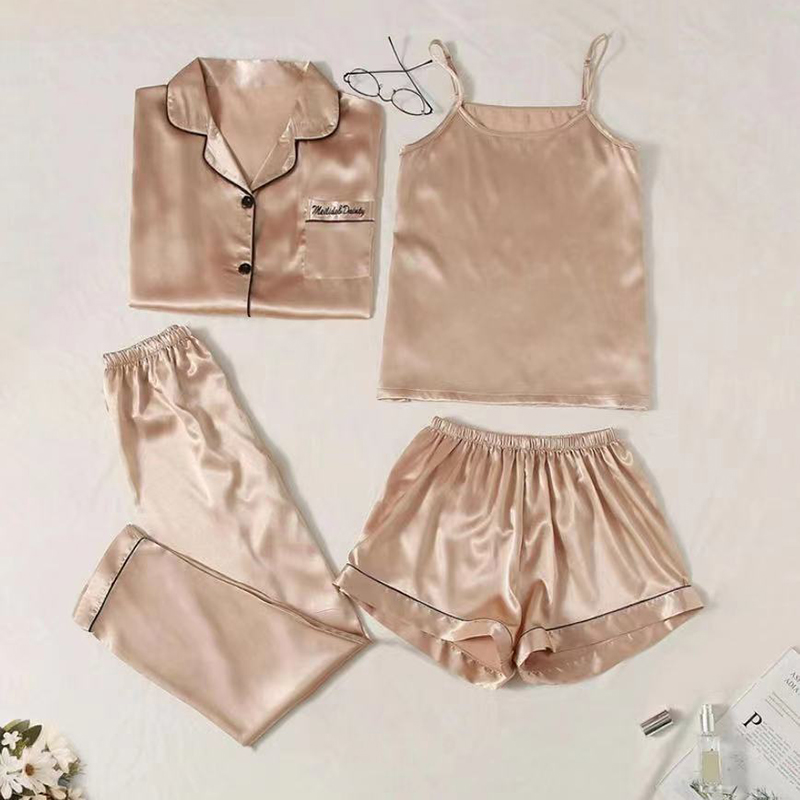 Fashion Champagne Polyester Solid Color Suspender Short Lapel Long Sleeve Trousers Four-piece Pajamas Set