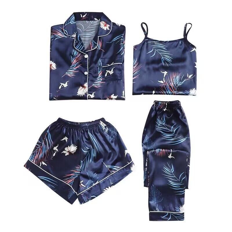 Fashion Navy Blue And White Polyester Solid Color Suspender Short Lapel Long Sleeve Trousers Four-piece Pajamas Set