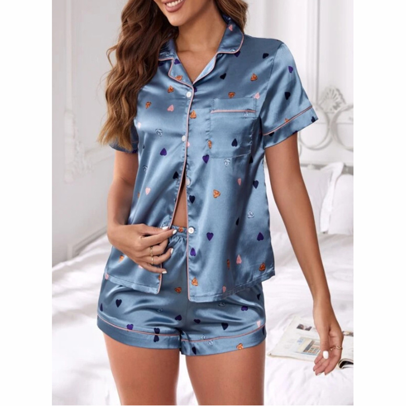 Fashion 5# Polyester Printed Lapel Short Sleeve Shorts Pajama Set