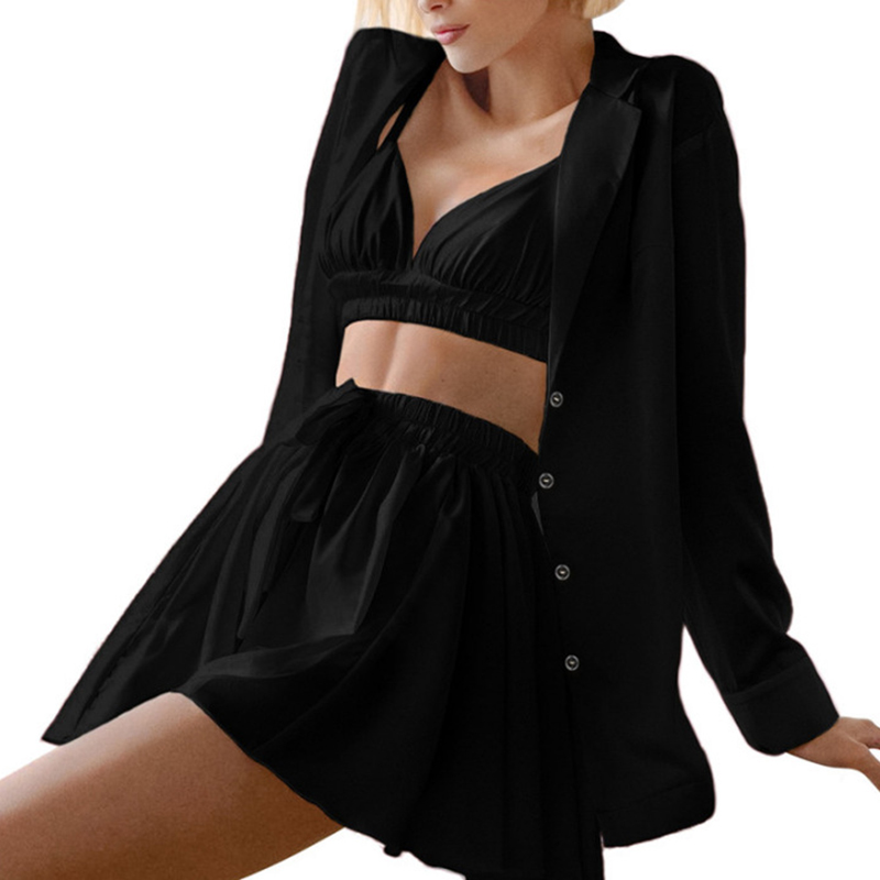Fashion Black Polyester Silk Lace-up Suspender Skirt Long-sleeved Jacket Pajama Set