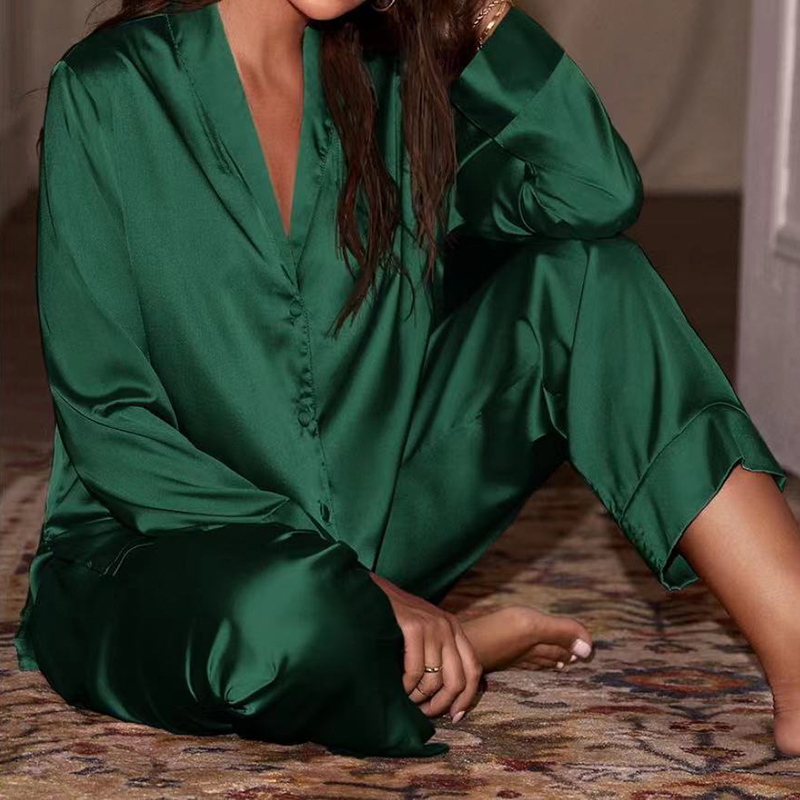 Fashion Dark Green Polyester Lapel Long Sleeve Pajama Set