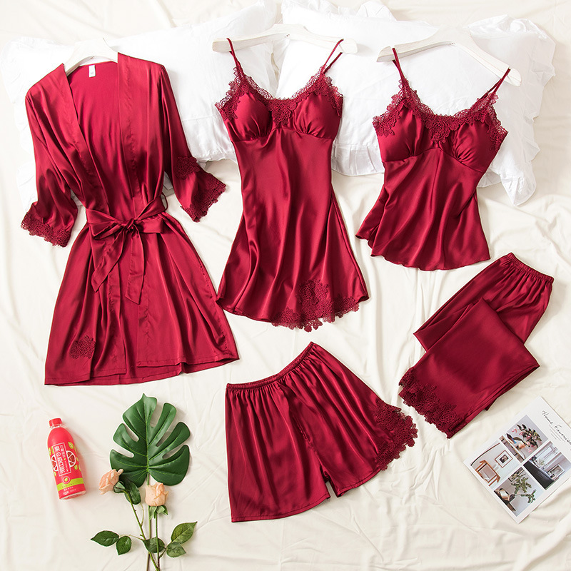 Fashion Claret Polyester Lace Suspender Shorts Skirt Trousers And Nightgown Five-piece Set