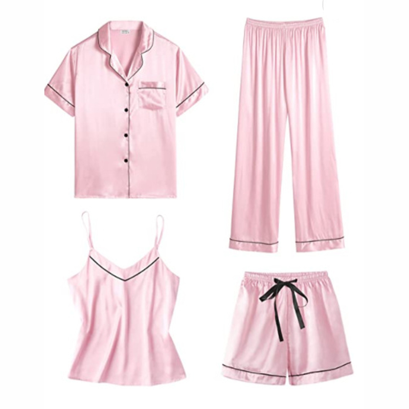 Fashion Pale Pinkish Gray Polyester Lapel Short Sleeve Shorts Suspenders Trousers Pajama Set