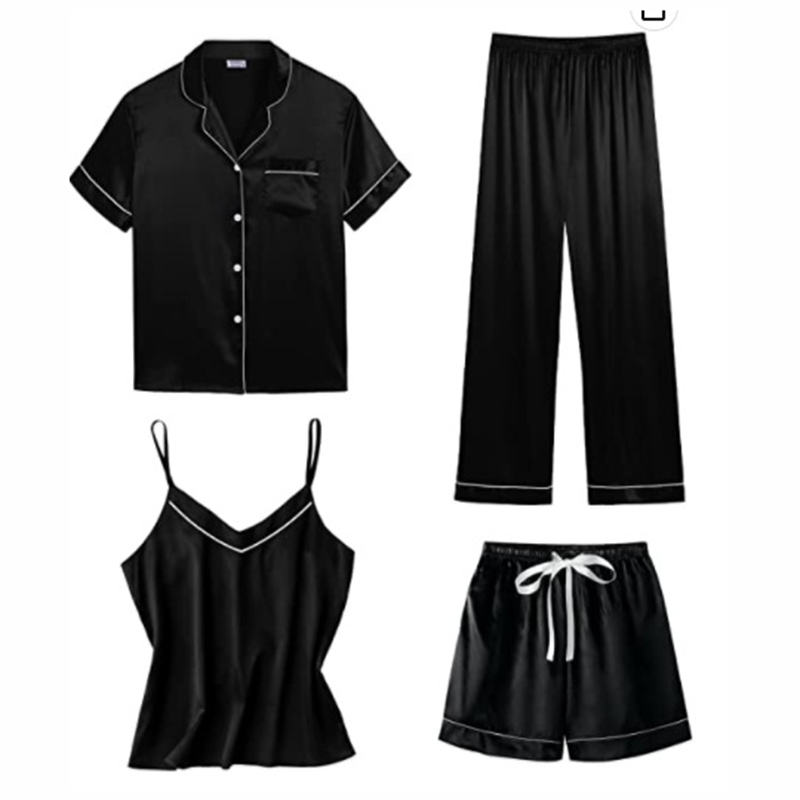Fashion Black Polyester Lapel Short Sleeve Shorts Suspenders Trousers Pajama Set