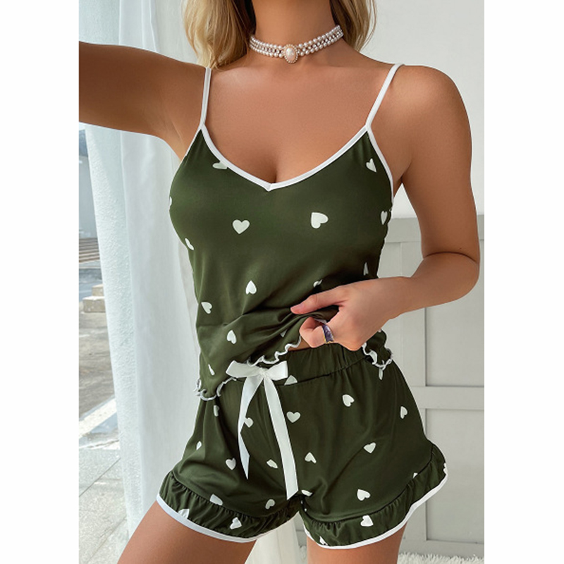 Fashion Army Green Love Polyester Printed Lace-up Pajama Set