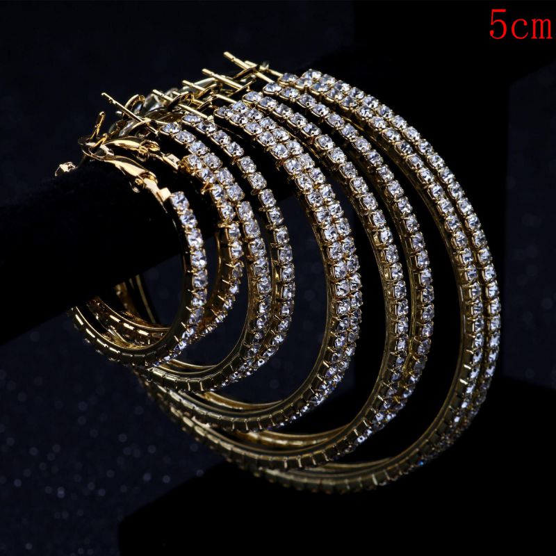 Fashion Golden 5cm Geometric Crystal C-shaped Earrings