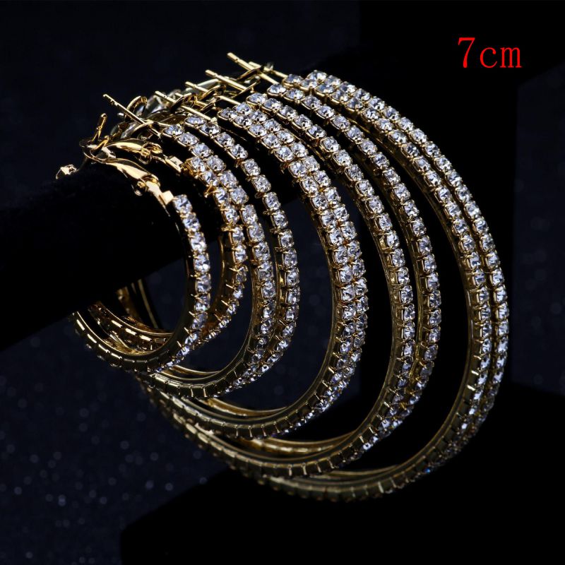 Fashion Golden 7cm Geometric Crystal C-shaped Earrings