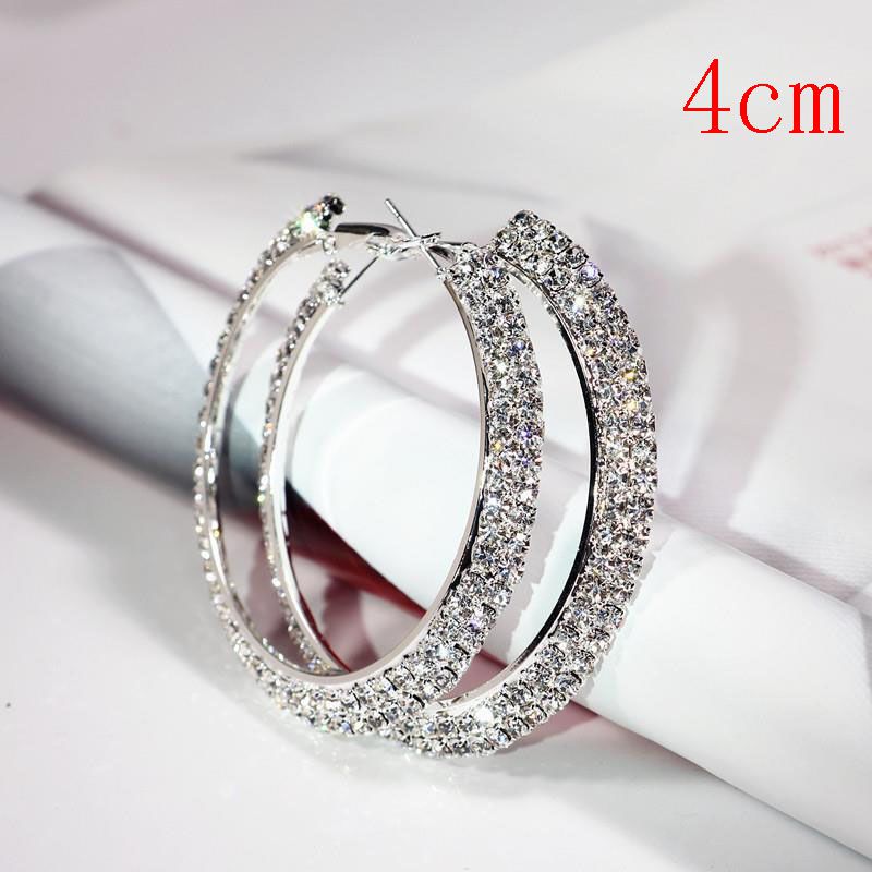Fashion Silver 4cm Geometric Diamond Round Earrings