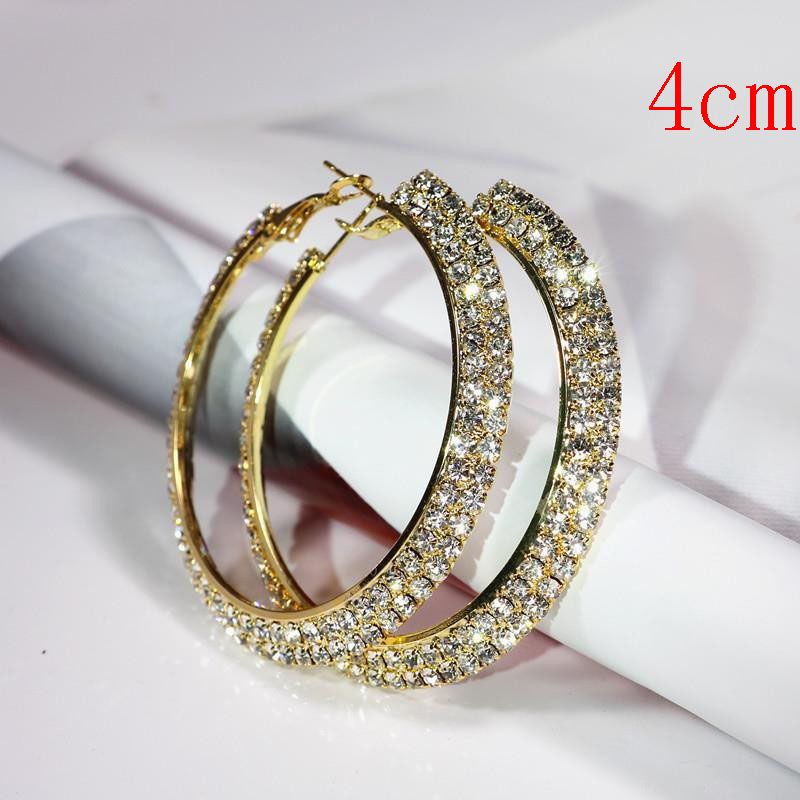 Fashion Gold 4cm Geometric Diamond Round Earrings