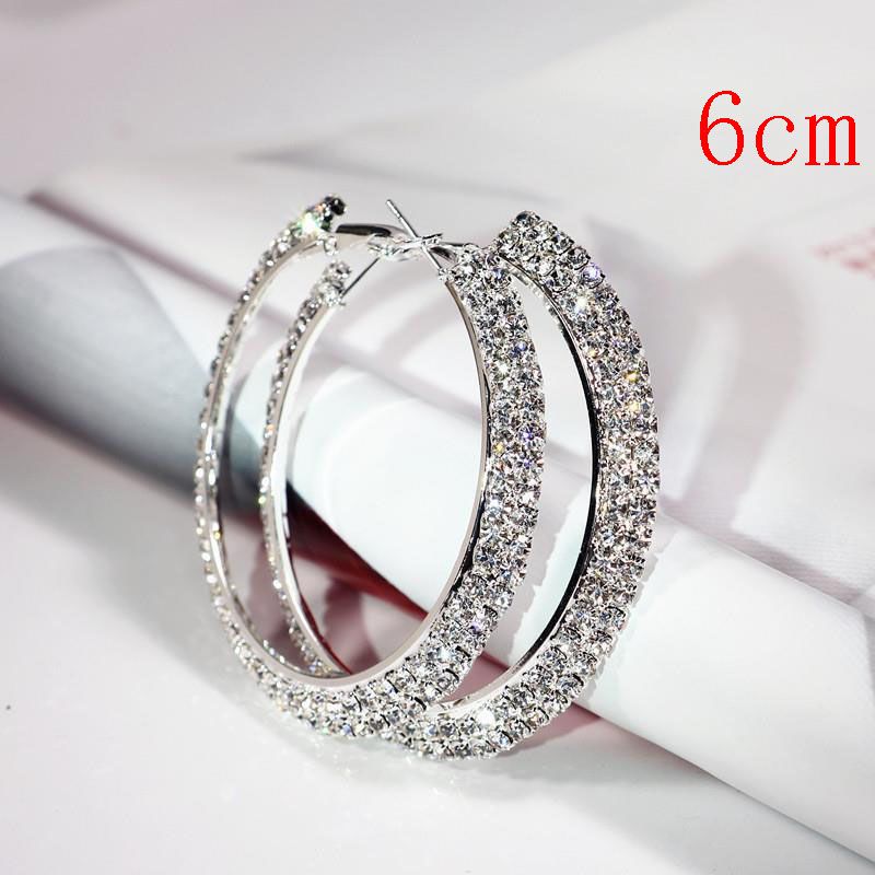 Fashion Silver 6cm Geometric Diamond Round Earrings