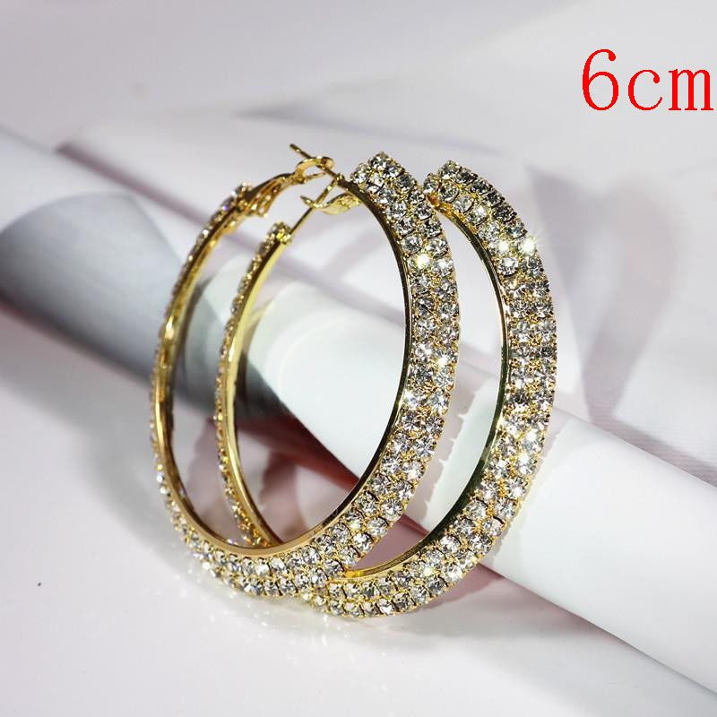 Fashion Gold 6cm Geometric Diamond Round Earrings