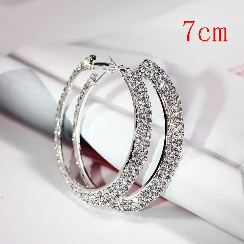Fashion Silver 7cm Geometric Diamond Round Earrings