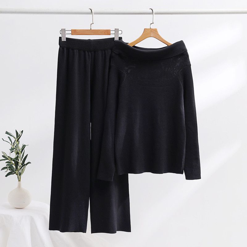 Fashion Black Acrylic Knitted Sweater Wide Leg Pants Suit