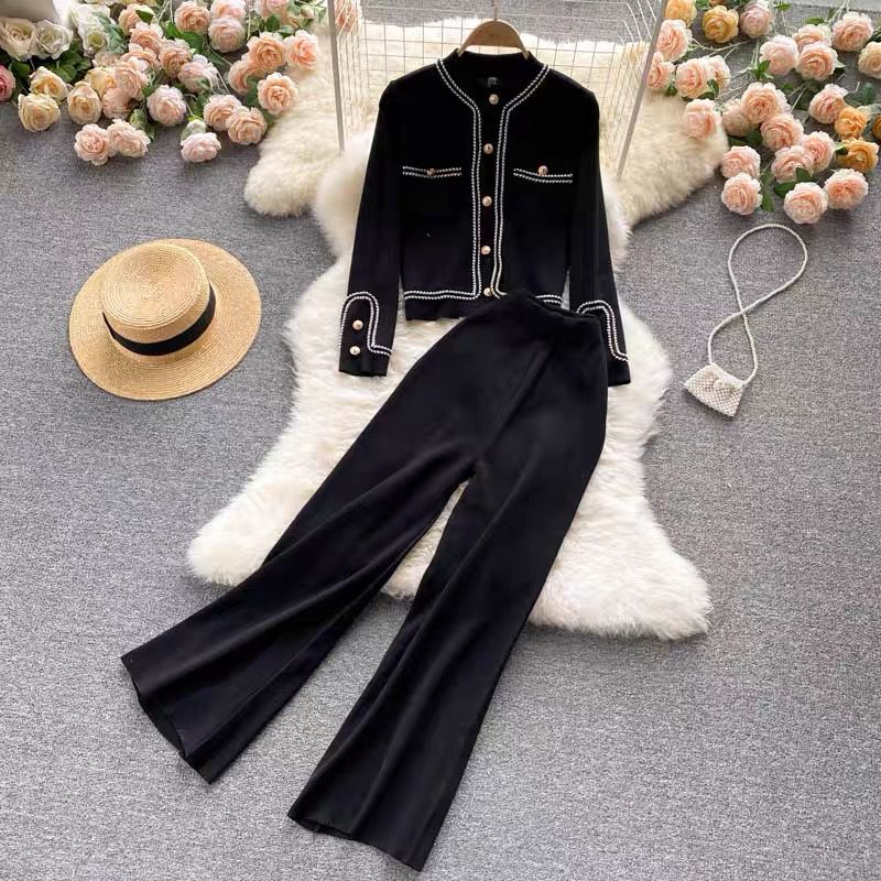 Fashion Black Single-breasted Knitted Cardigan Sweater High-waisted Wide-leg Pants Suit