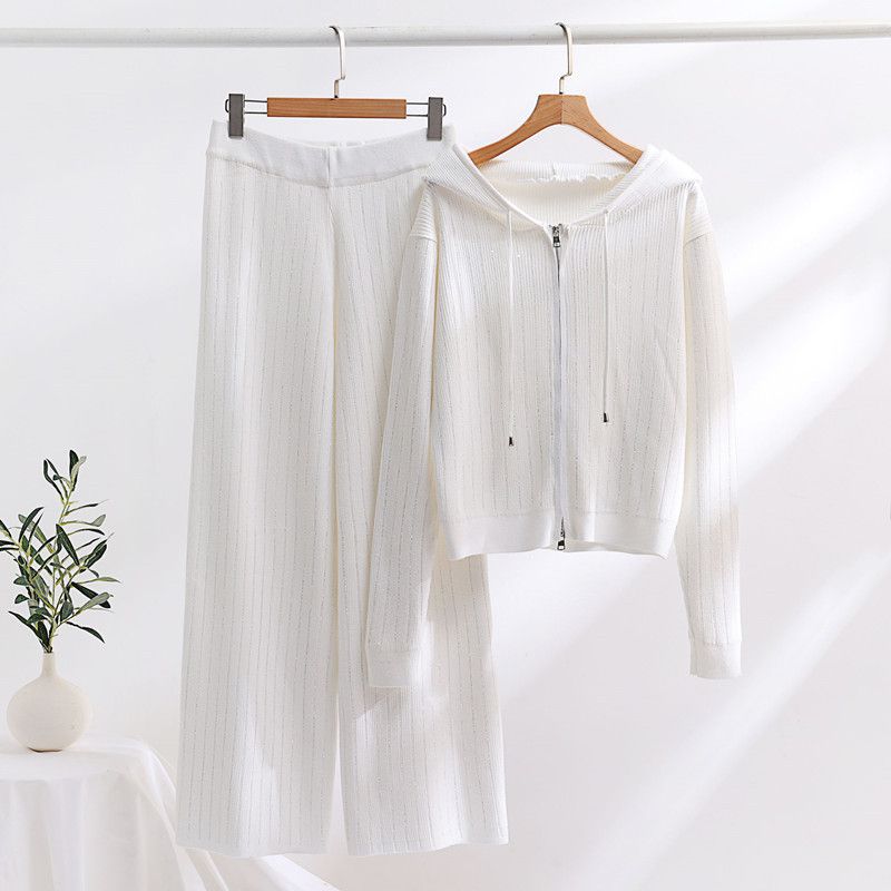 Fashion White Acrylic Perm Knitted Hooded Cardigan Wide-leg Pants Suit