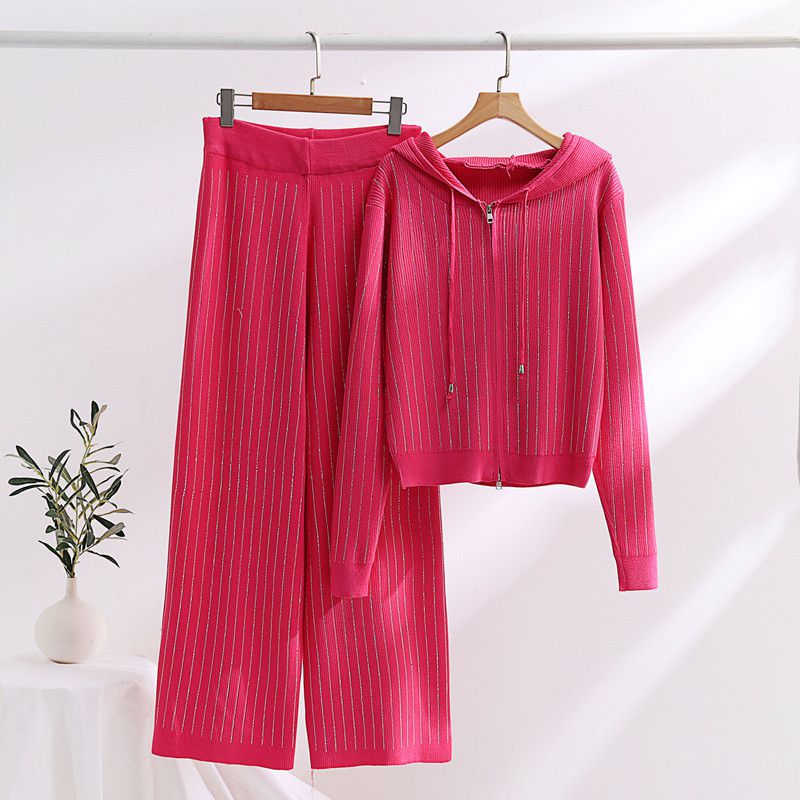 Fashion Rose Red Acrylic Perm Knitted Hooded Cardigan Wide-leg Pants Suit