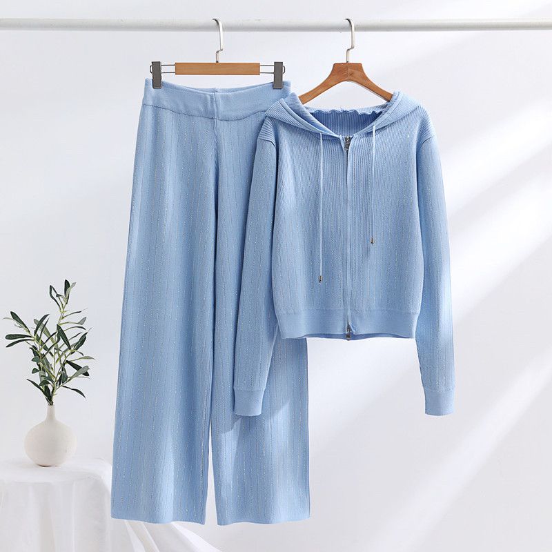 Fashion Light Blue Acrylic Perm Knitted Hooded Cardigan Wide-leg Pants Suit