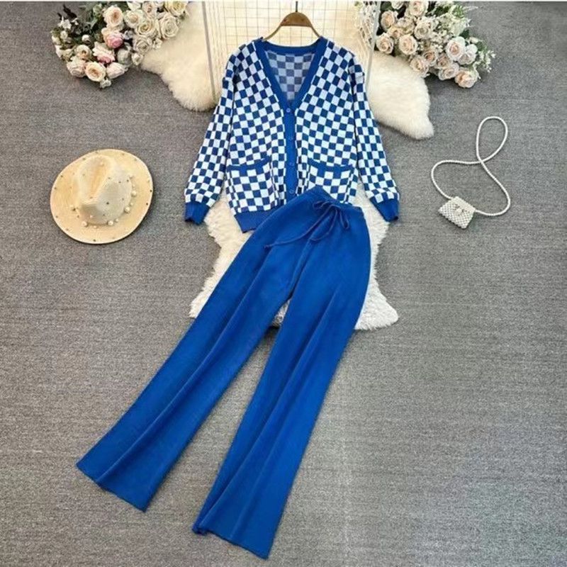Fashion Navy Blue Acrylic Check Jacquard Knit Cardigan Trouser Suit